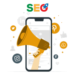 um celular com megafoene amarelo saindo de dentro escrito SEO no lado de fora para representar o serviço de consultoria de Marketing digital